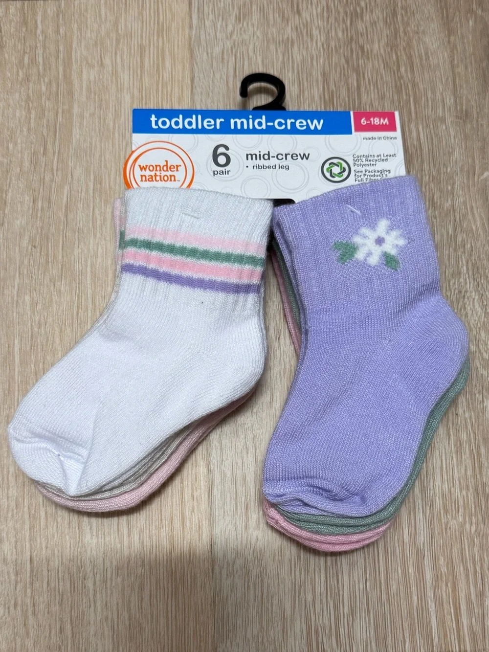 wonder nation Toddler Mid-Crew Socks - Purple, White & Pink - 6 Pack